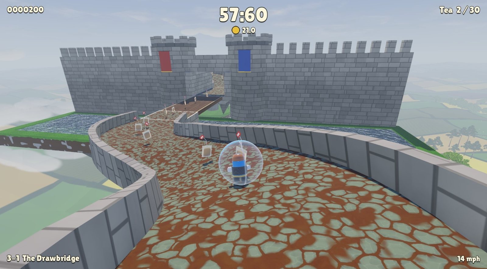 A hero in a glass ball rolling up to a castle's drawbridge.