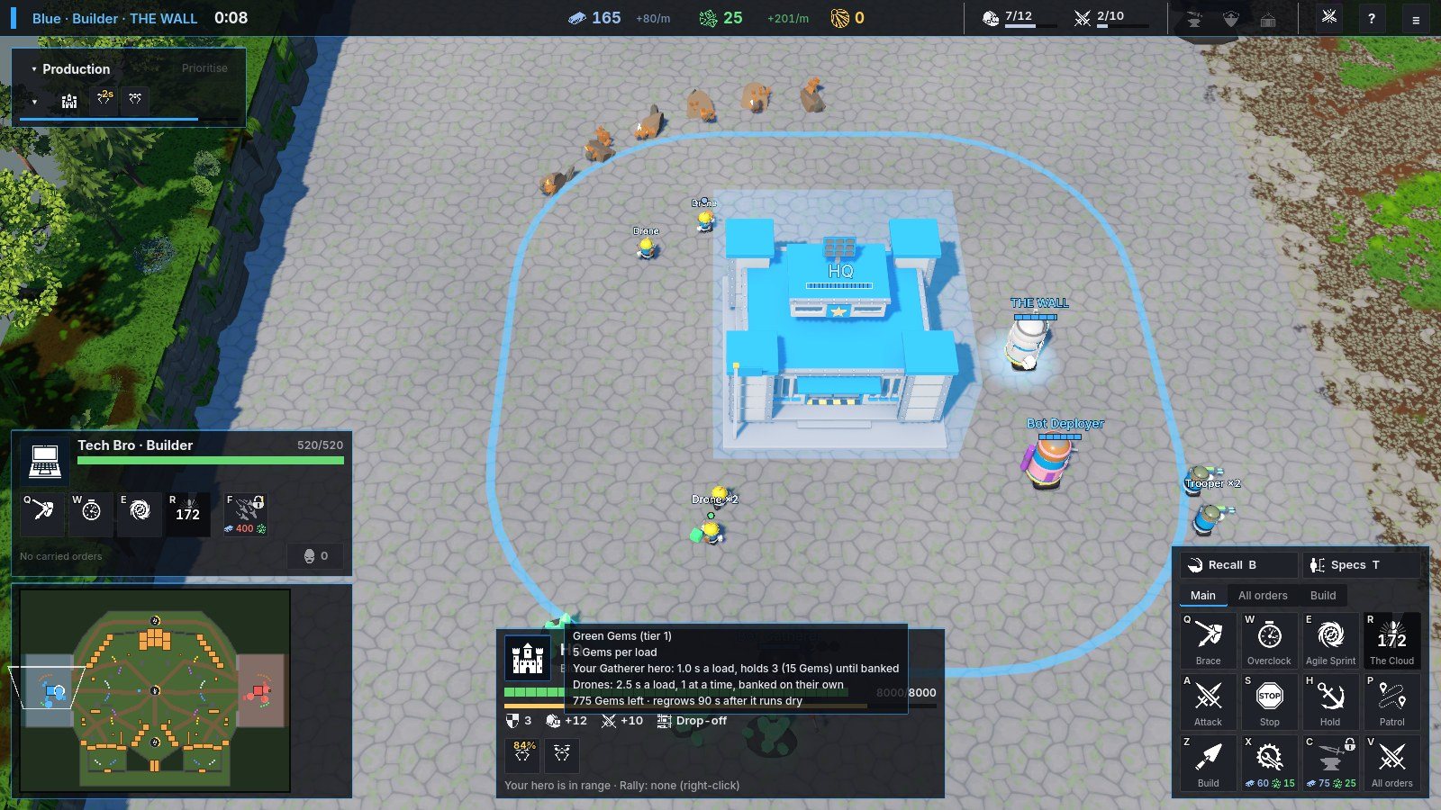 A match: the blue team's base, its units and the HUD.